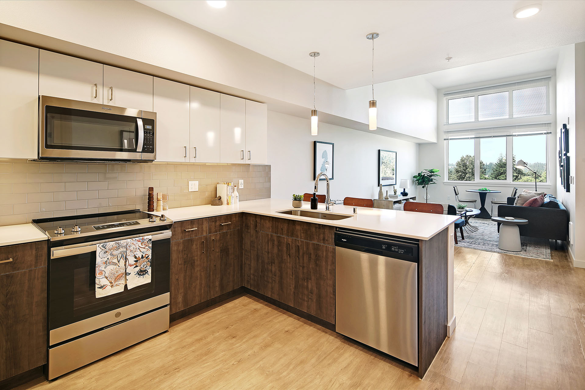 Stunning modern kitchen with stainless steel appliances, elegant cabinetry, and a bright open-concept living area with panoramic views.