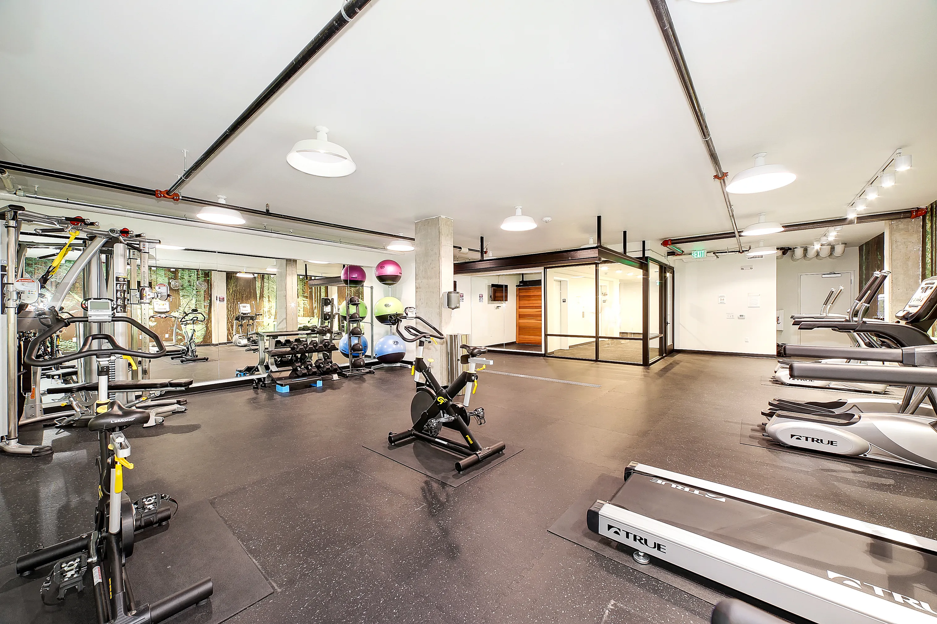 Modern fitness center with state-of-the-art equipment, bright ambiance, and mirrored walls for an enhanced workout experience.