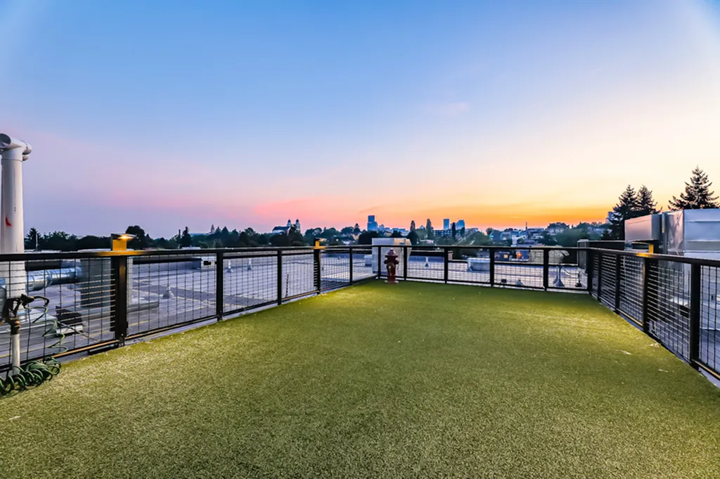 Stunning rooftop garden with lush green grass and panoramic city views at sunset.