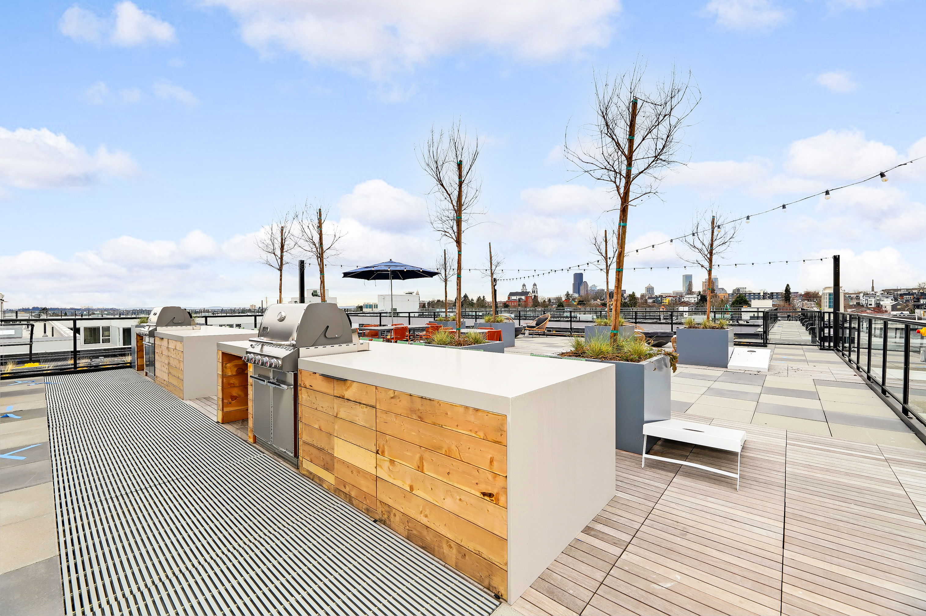 Contemporary rooftop deck featuring sleek barbecue grills, stylish seating areas, and panoramic city views.