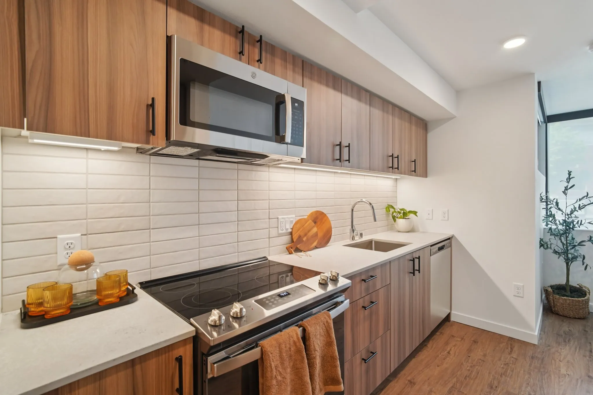 Sleek modern kitchen with wood cabinets, stainless steel appliances, and elegant backsplash, bathed in natural light.