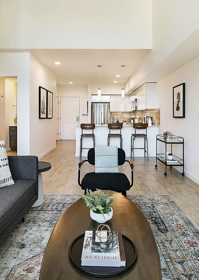 Chic open-concept living room connected to a modern kitchen, featuring elegant decor, cozy seating, and stylish barstools, perfect for entertaining.