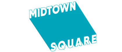 Bold and modern Midtown Square logo in vibrant teal with geometric design.