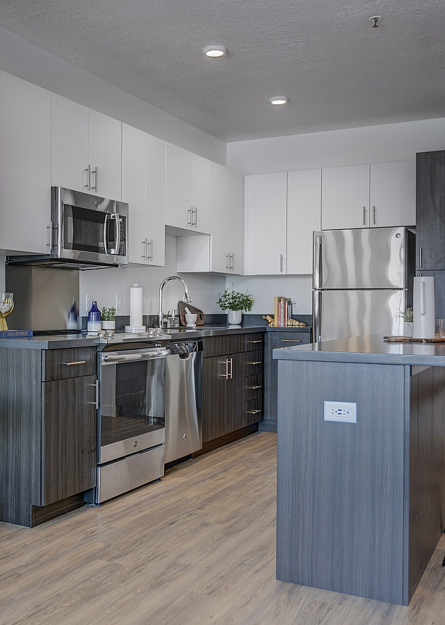 Modern open-concept kitchen with sleek cabinetry, stainless steel appliances, and elegant lighting, perfect for entertaining.