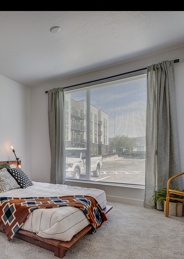 Bright and cozy bedroom with modern decor, featuring a large window, plush carpet, and stylish wooden bed frame.