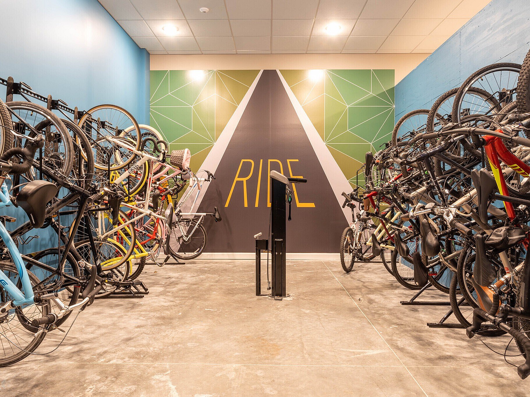 Vibrant and modern bike storage room with colorful wall art and neatly arranged bicycles, showcasing a convenient amenity for active residents.