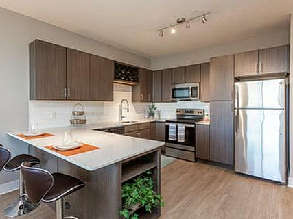 Modern kitchen with sleek cabinetry, stainless steel appliances, and a stylish breakfast bar with seating.