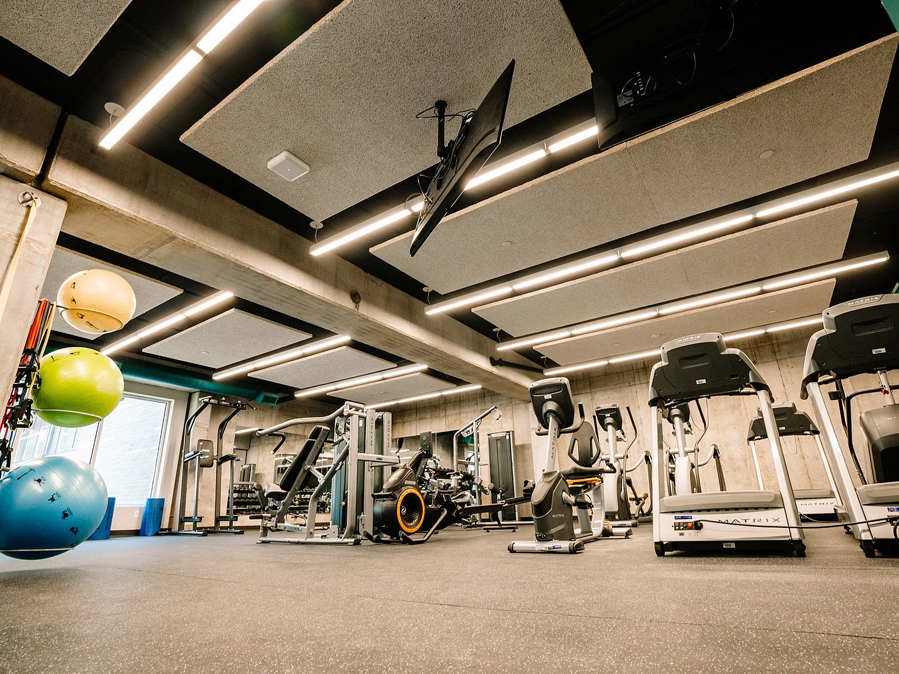 Modern gym space equipped with state-of-the-art exercise machines, vibrant stability balls, and sleek design lighting.