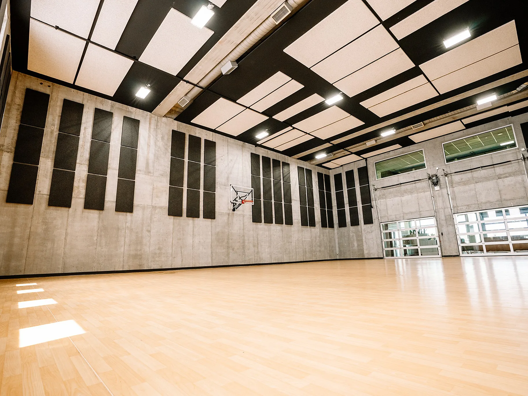 Spacious indoor basketball court with sleek wooden flooring and modern acoustic paneling, ideal for sports enthusiasts.