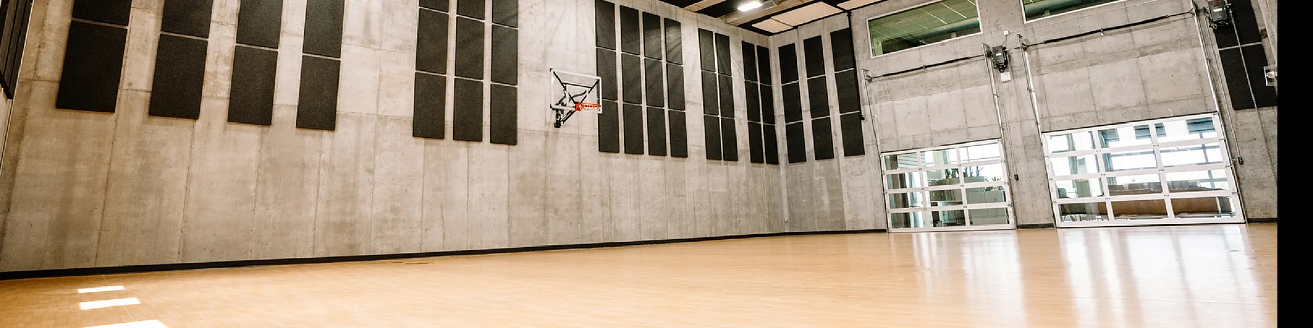 Modern indoor basketball court with sleek wood flooring and soundproofed walls, perfect for high-energy games and events.