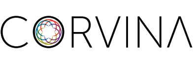 Vibrant Corvina logo featuring a colorful geometric design within the letter O, symbolizing creativity and innovation.