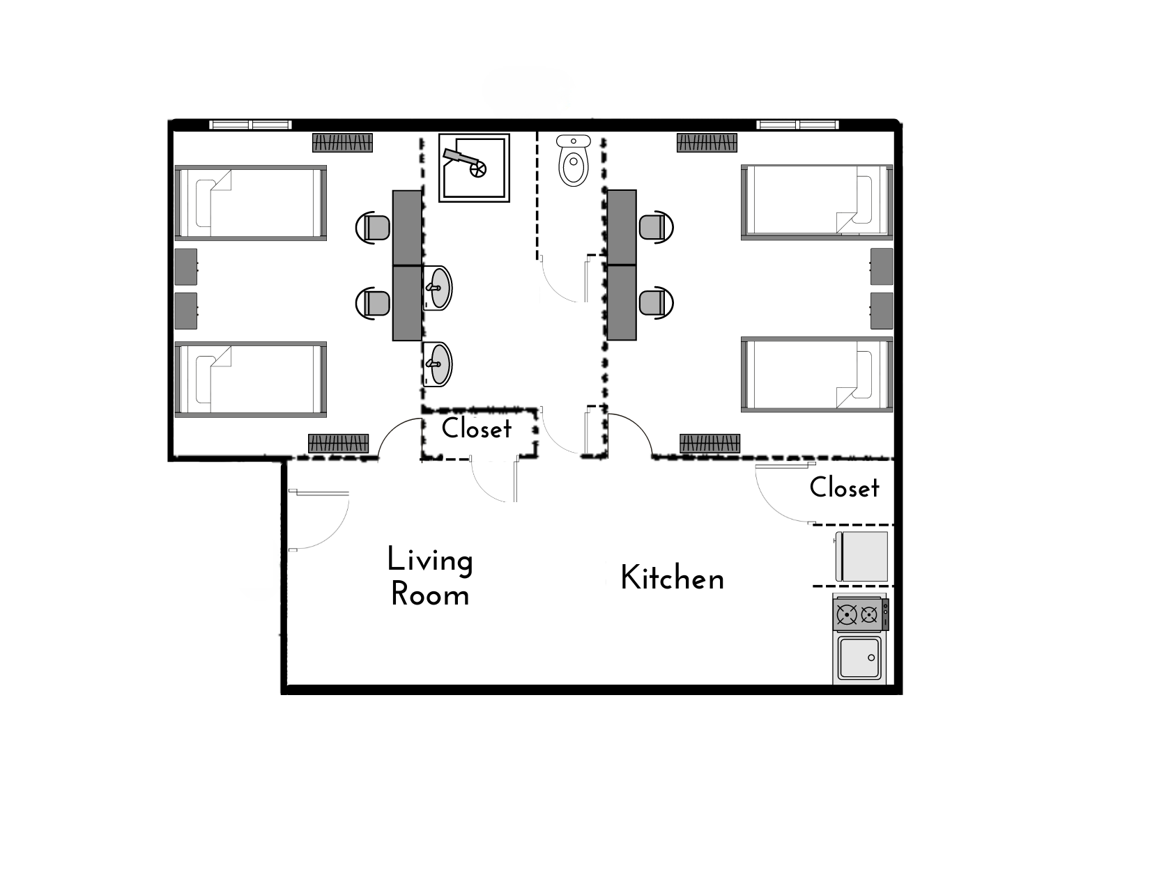 Double occupancy (shared) floor plan showcasing two double occupancy bedrooms with two beds each, a bathroom, a cozy living room, and a practical kitchen with ample closet space.