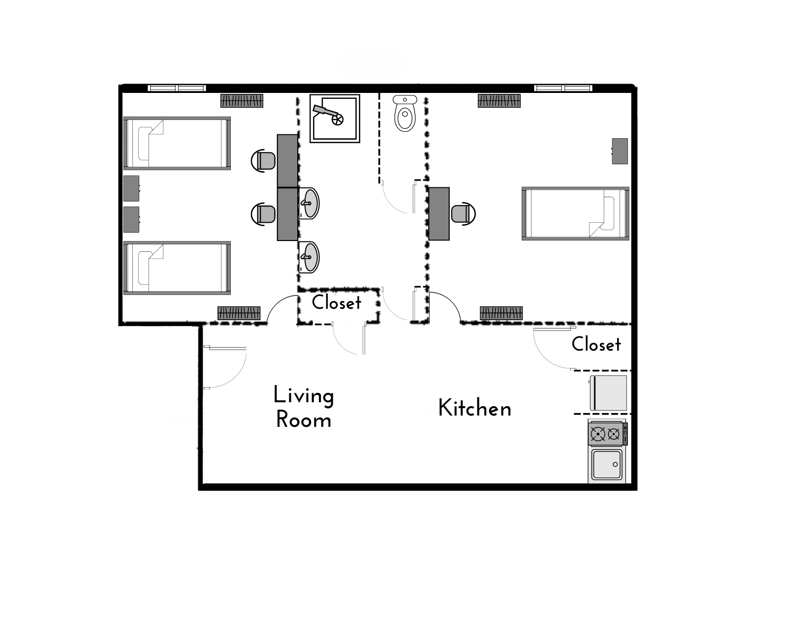 Floor plan showcasing one double occupancy (shared) bedroom with two beds and a single occupancy (private) bedroom with one bed, a bathroom, a spacious living room, and a kitchen, featuring ample closets.