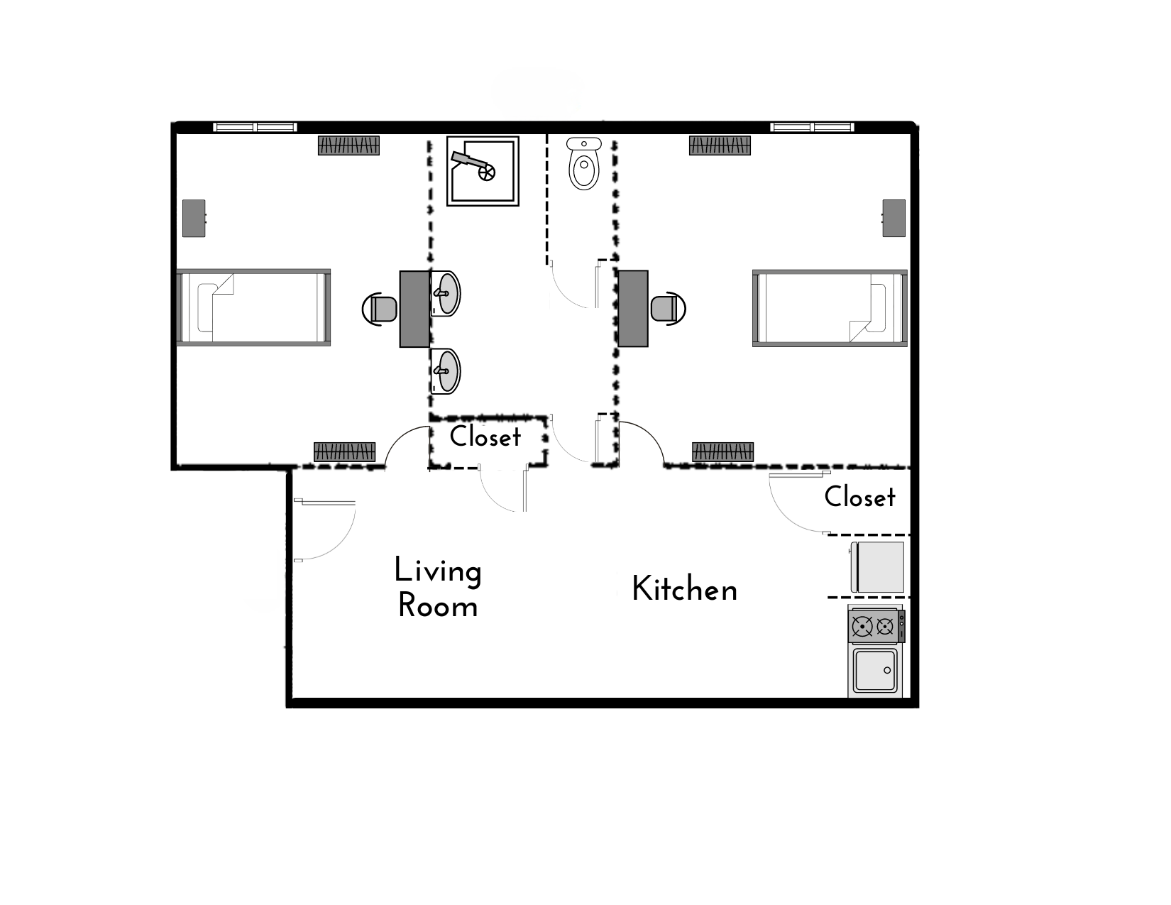 Single occupancy (private) floor plan illustrating two single occupancy bedrooms with one bed each, a bathroom, a modern kitchen, and an inviting living room with ample closet space.