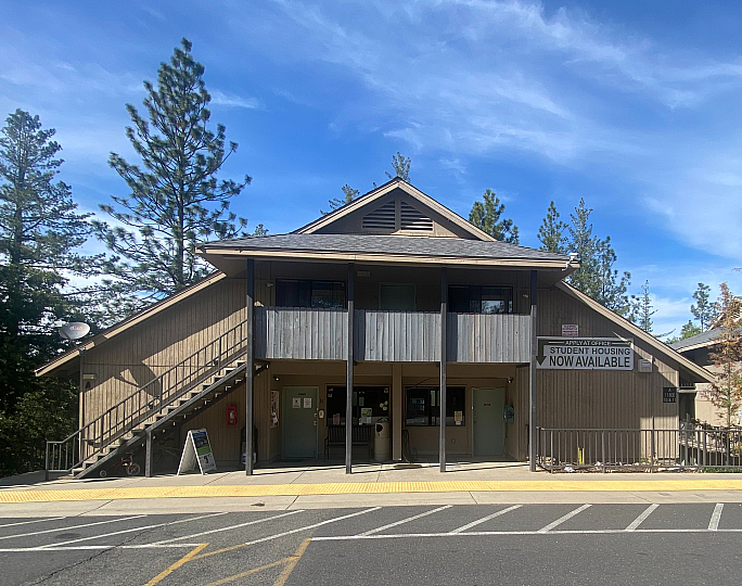 Charming student housing complex surrounded by lush pine trees, featuring inviting wood structures and ample parking space.
