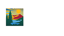 Vibrant colorful logo featuring a stylized sun, mountain, trees, and reflective water scene.