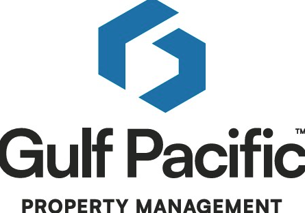 Gulf Pacific Property Management logo displaying a modern design in blue and black, symbolizing professional real estate services.