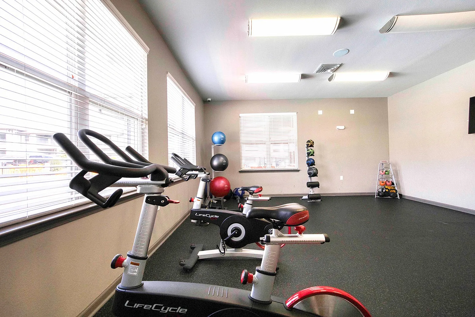 Modern fitness center with bright natural light, featuring spin bikes, stability balls, and organized workout equipment for a perfect workout experience.