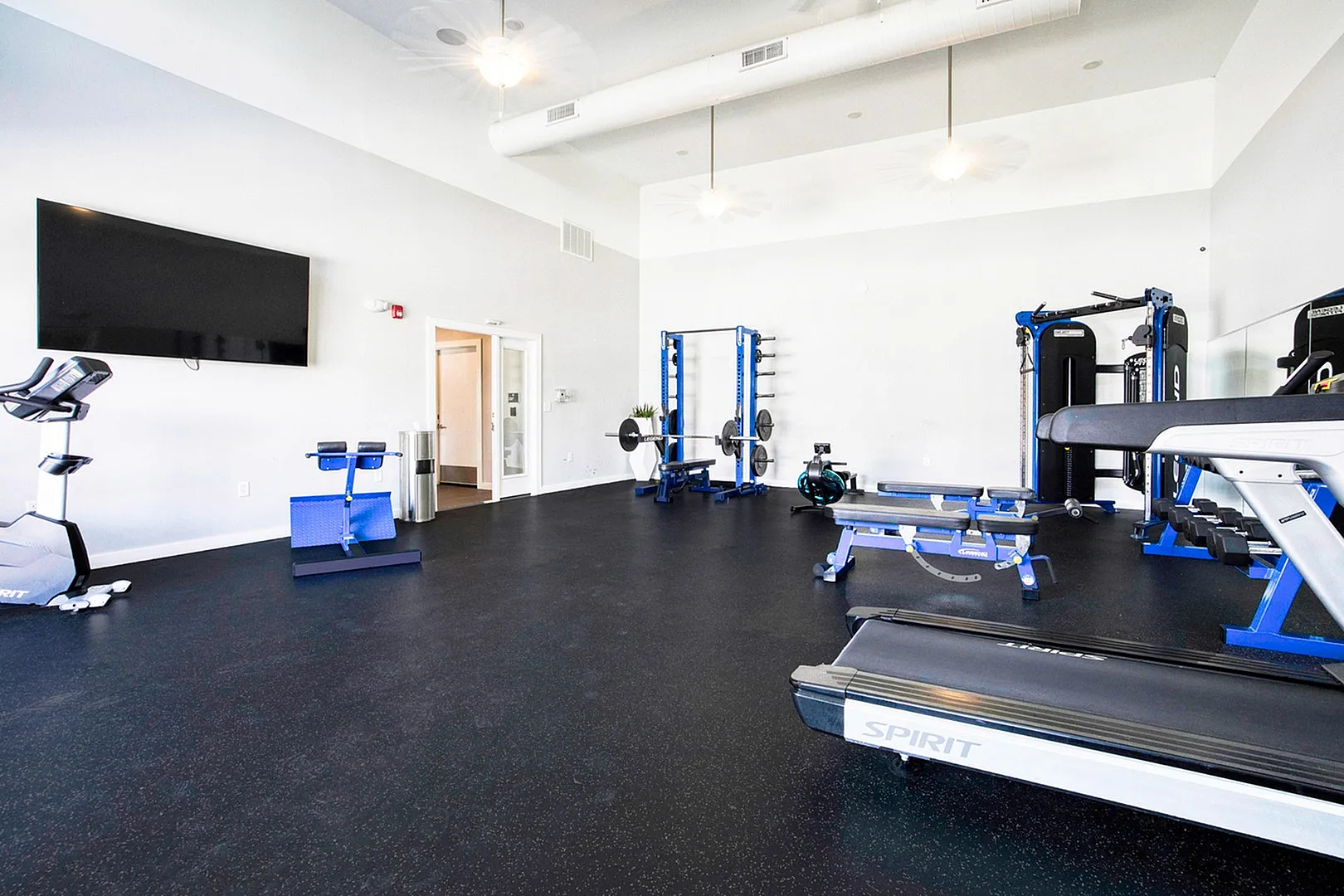 Bright and modern fitness center equipped with treadmills, weightlifting machines, and exercise bikes, perfect for a dynamic workout experience.