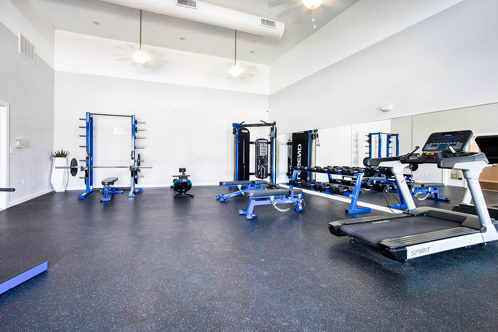 Bright and modern fitness center equipped with state-of-the-art gym equipment, including treadmill and weights, perfect for a healthy lifestyle.