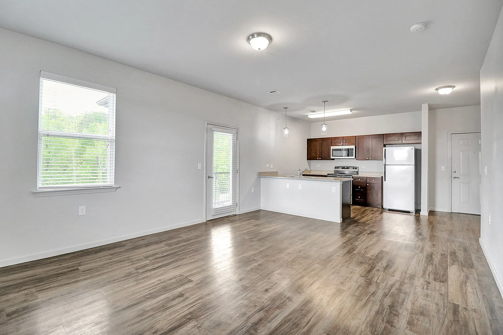 Bright open-concept apartment with modern kitchen, elegant dark wood cabinets, and sleek stainless steel appliances.