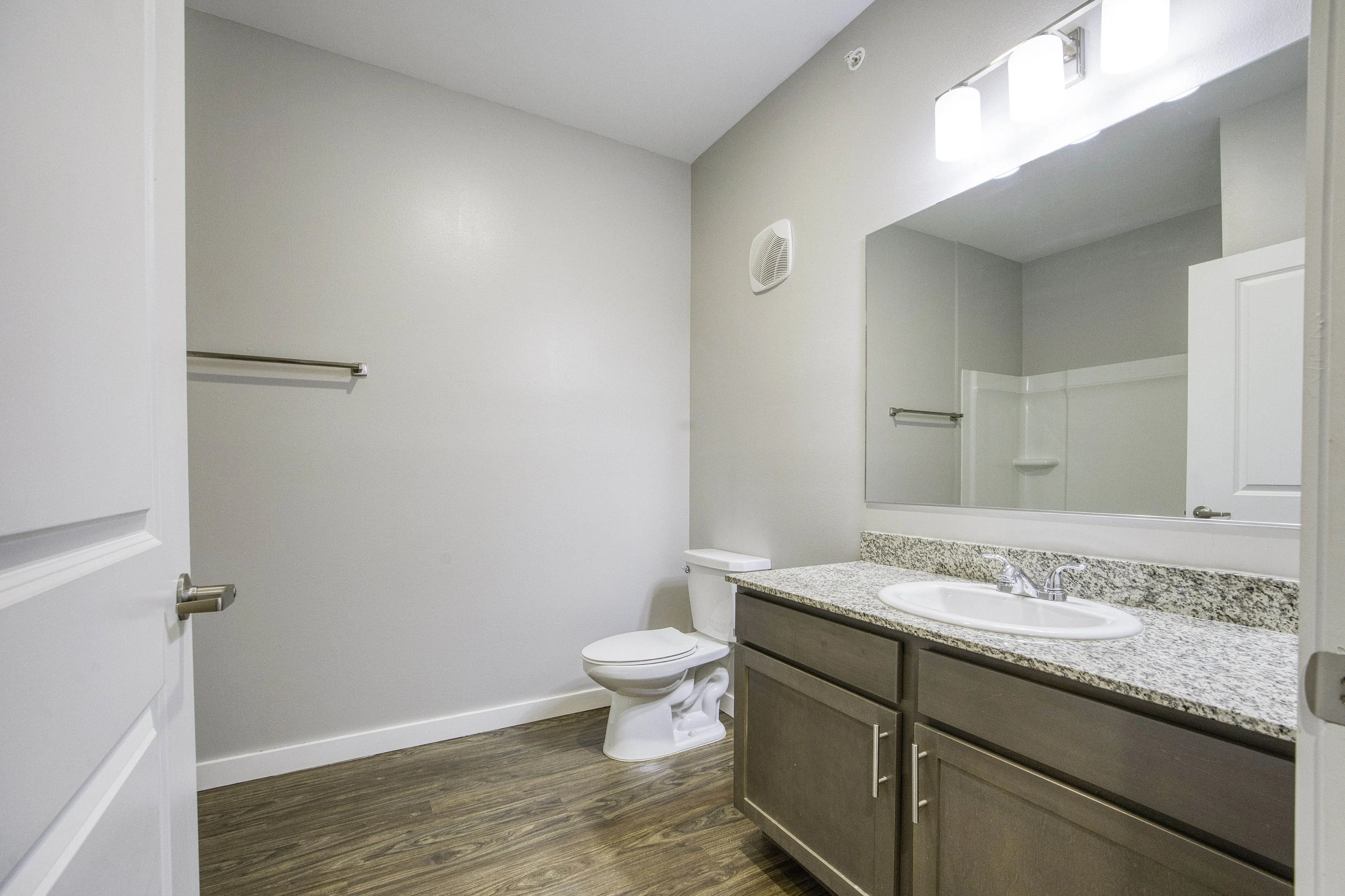 Modern bathroom with sleek granite countertop, elegant wooden flooring, and bright lighting highlighting a spacious design.