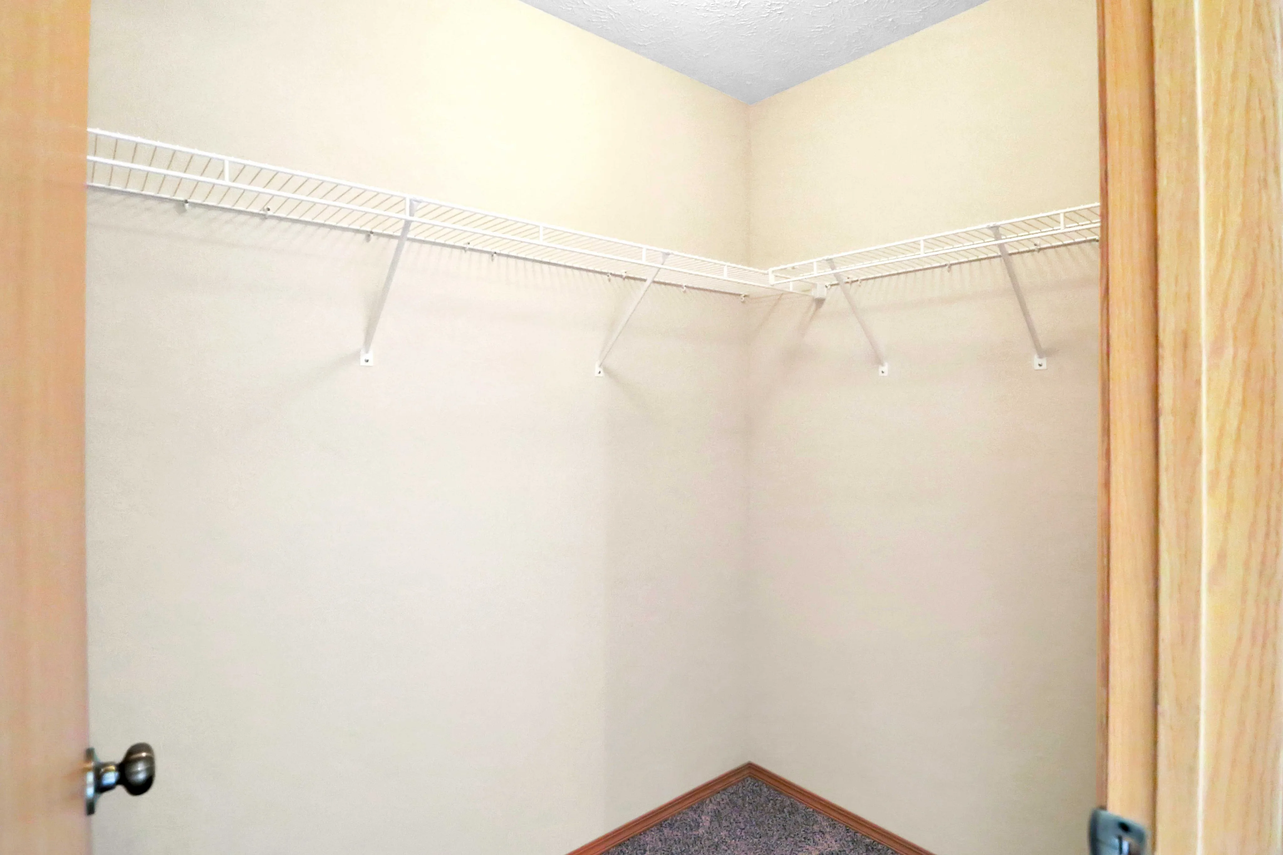 Spacious walk-in closet with ample shelving, perfect for organized storage and maximizing wardrobe space.
