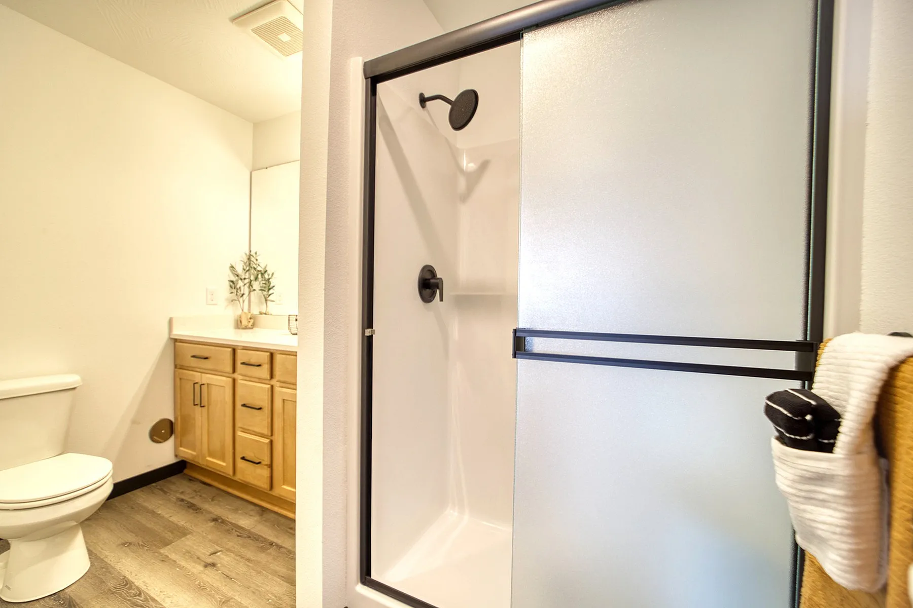 Modern bathroom design featuring elegant walk-in shower with glass door, stylish wooden cabinets, and sleek flooring.