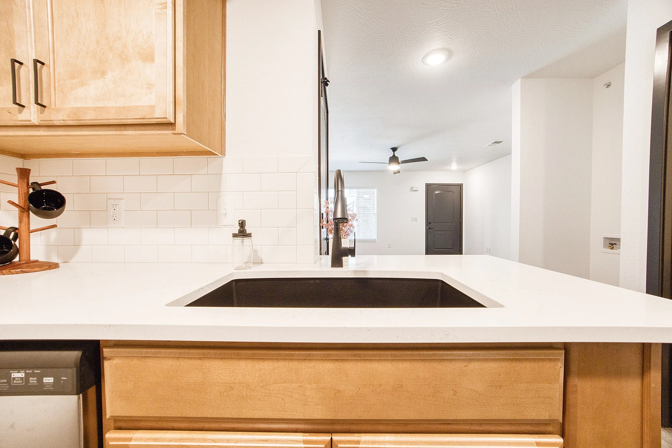 Modern kitchen with sleek black sink, elegant wood cabinets, and a chic open layout leading into a bright living space.