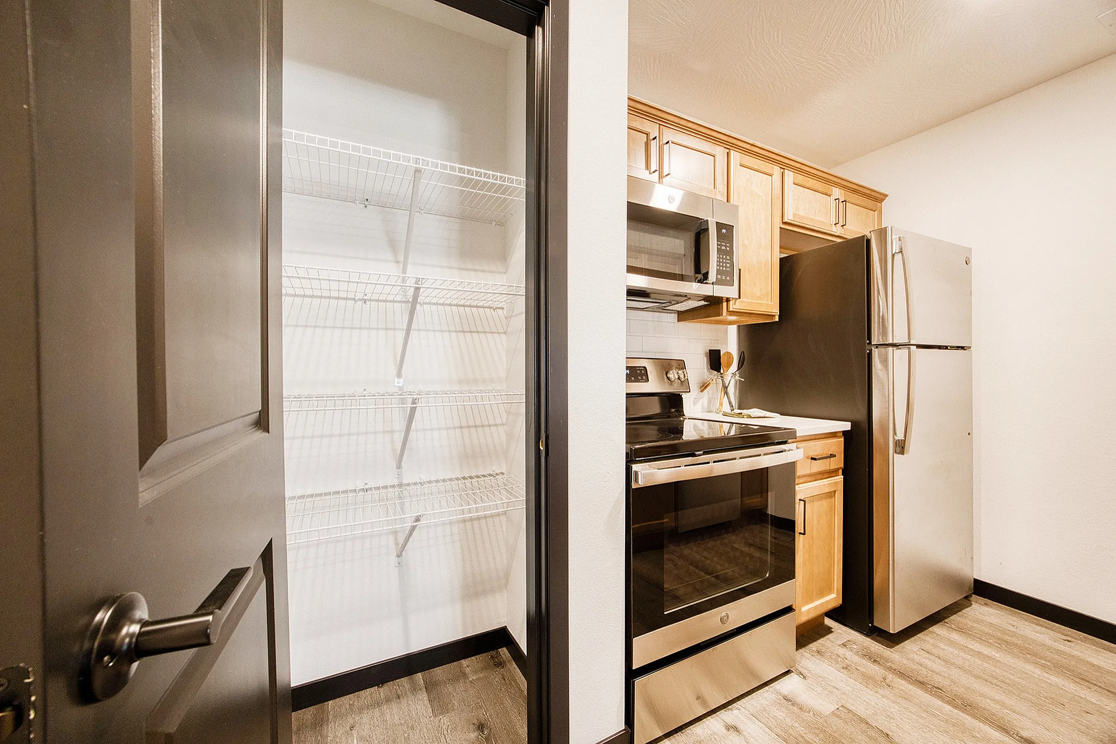 Modern kitchen with sleek stainless steel appliances, elegant wooden cabinetry, and a spacious pantry for ample storage.