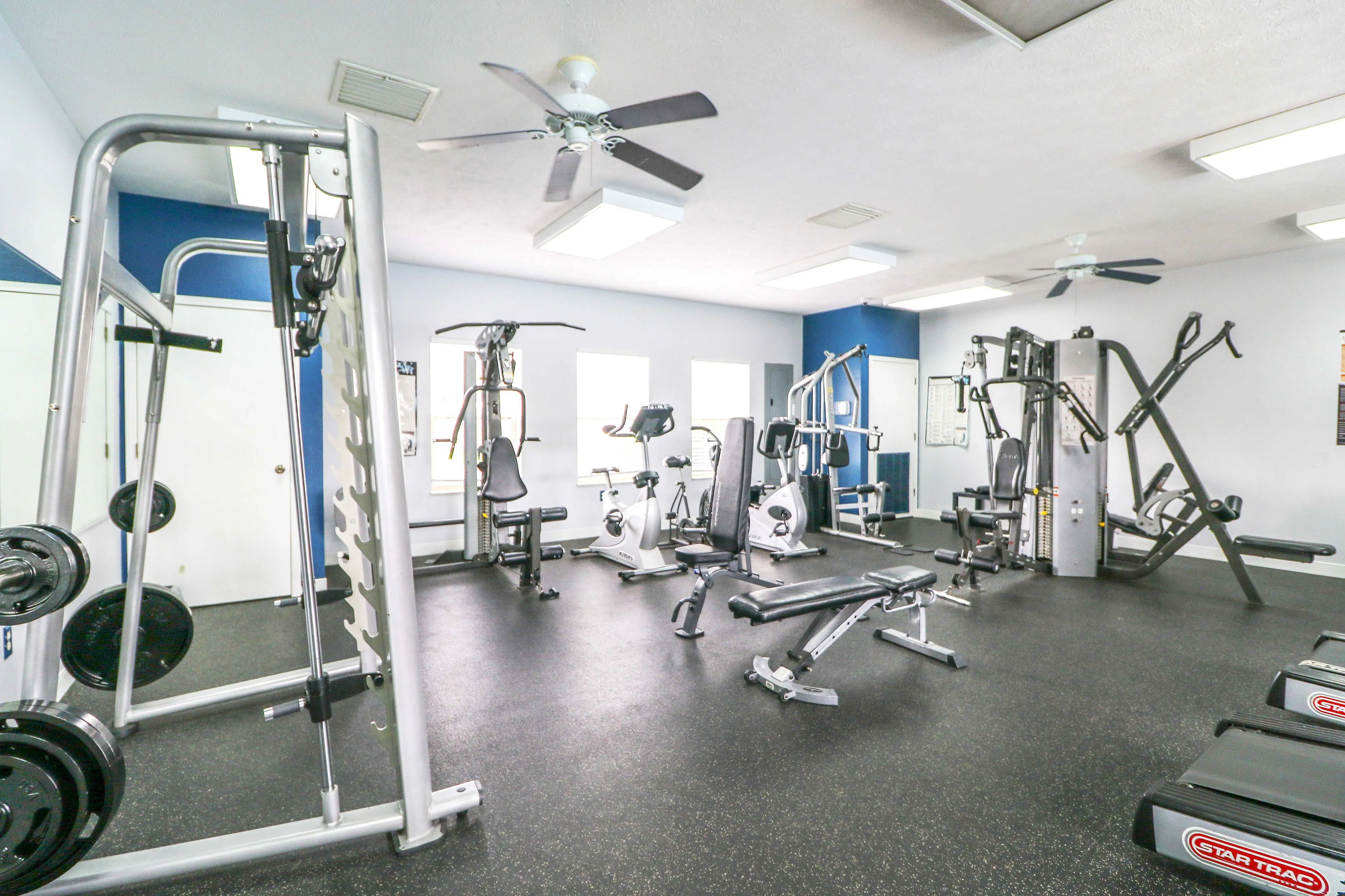 Modern fitness center with state-of-the-art equipment including treadmills, stationary bikes, and weight machines, offering a bright and welcoming workout environment.