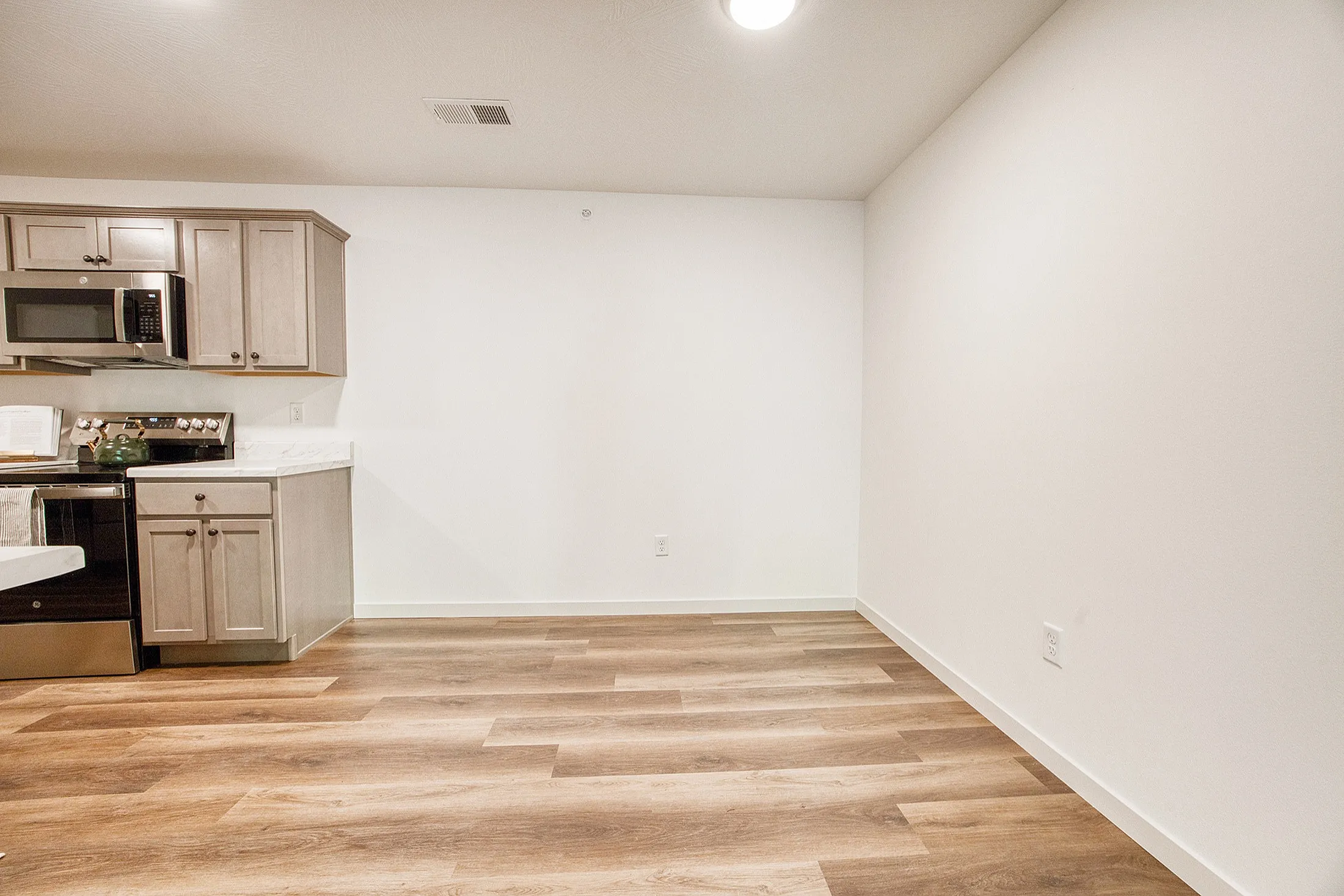 Modern kitchen with sleek stainless steel appliances, elegant cabinetry, and inviting wood-style flooring.