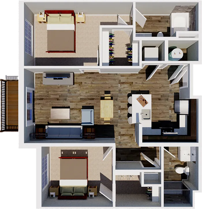 Modern 2D floor plan showcasing two elegant bedrooms, an open living room, stylish dining area, and a sleek kitchen design.