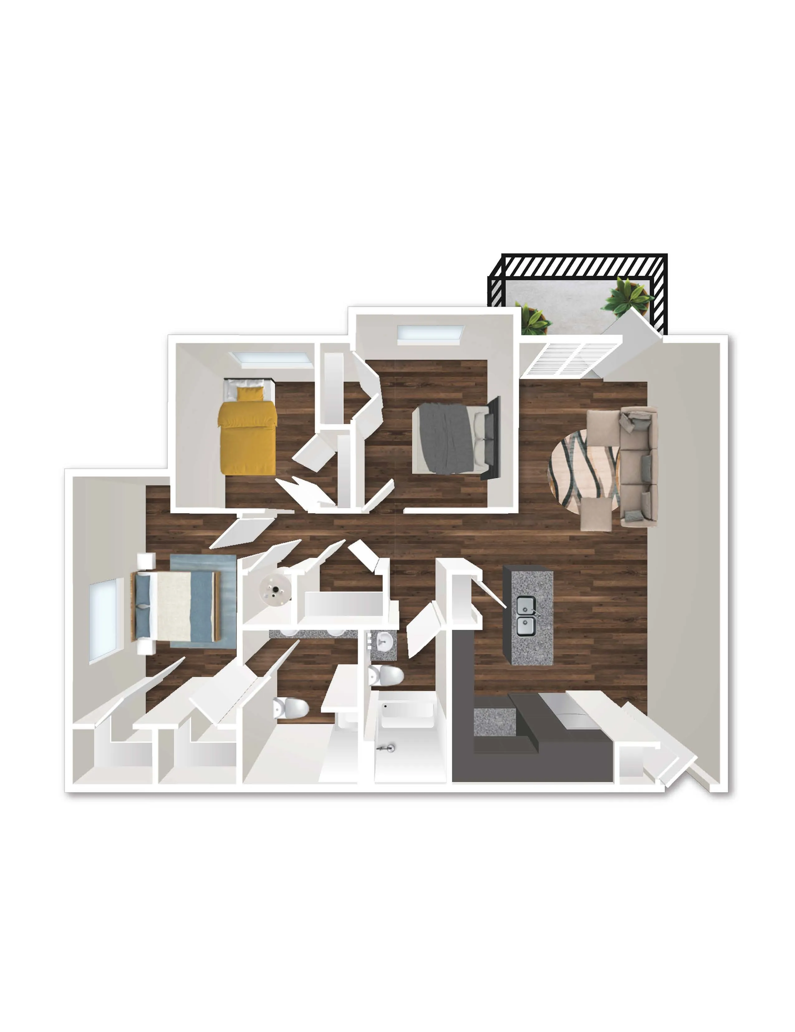 Modern 3D floor plan showcasing a stylish apartment with three bedrooms, an open-concept living area, and a cozy balcony.