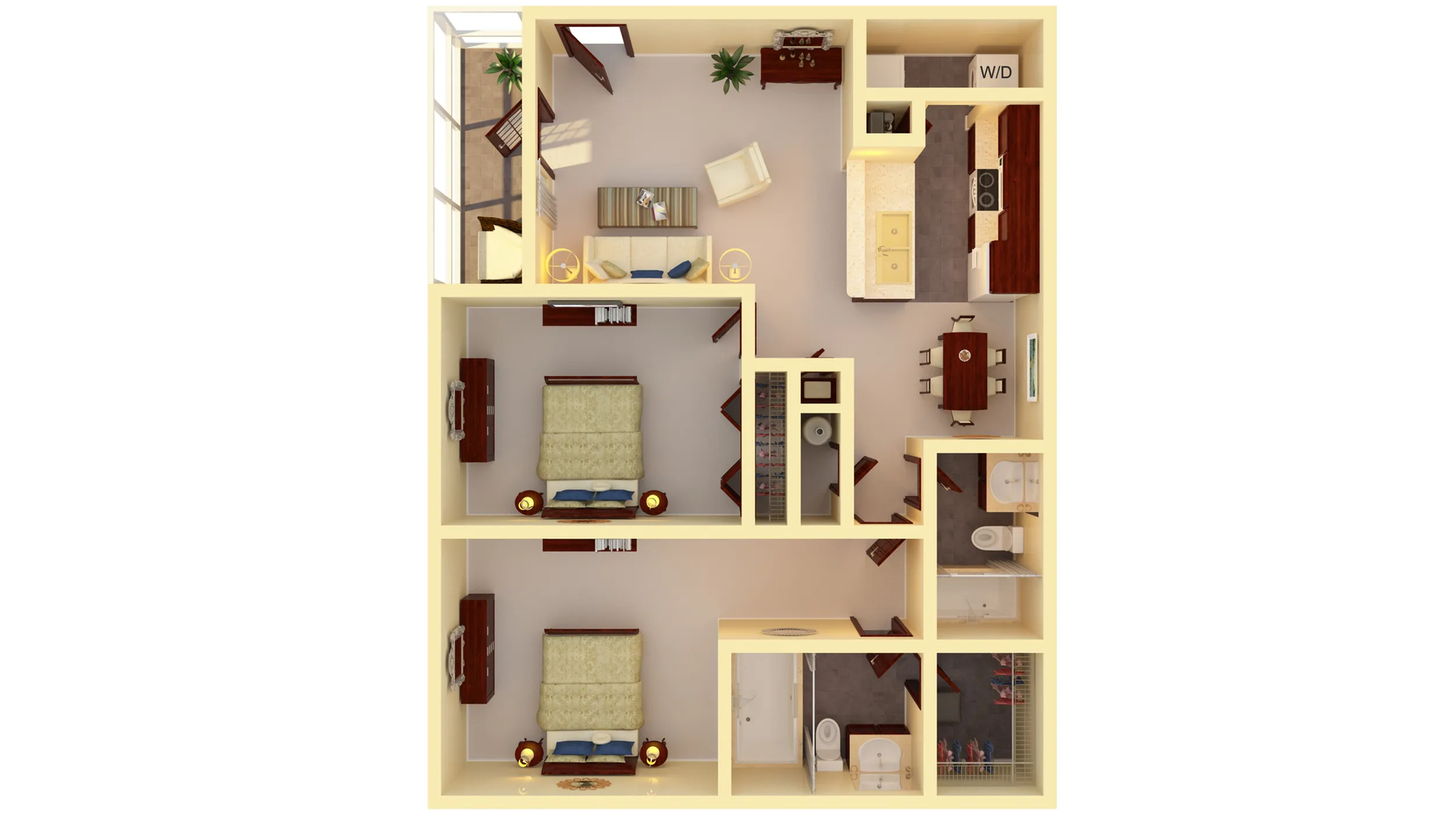 Bright and inviting 3D floor plan showcasing 2 bedrooms, cozy living space, modern kitchen, and private balcony access.