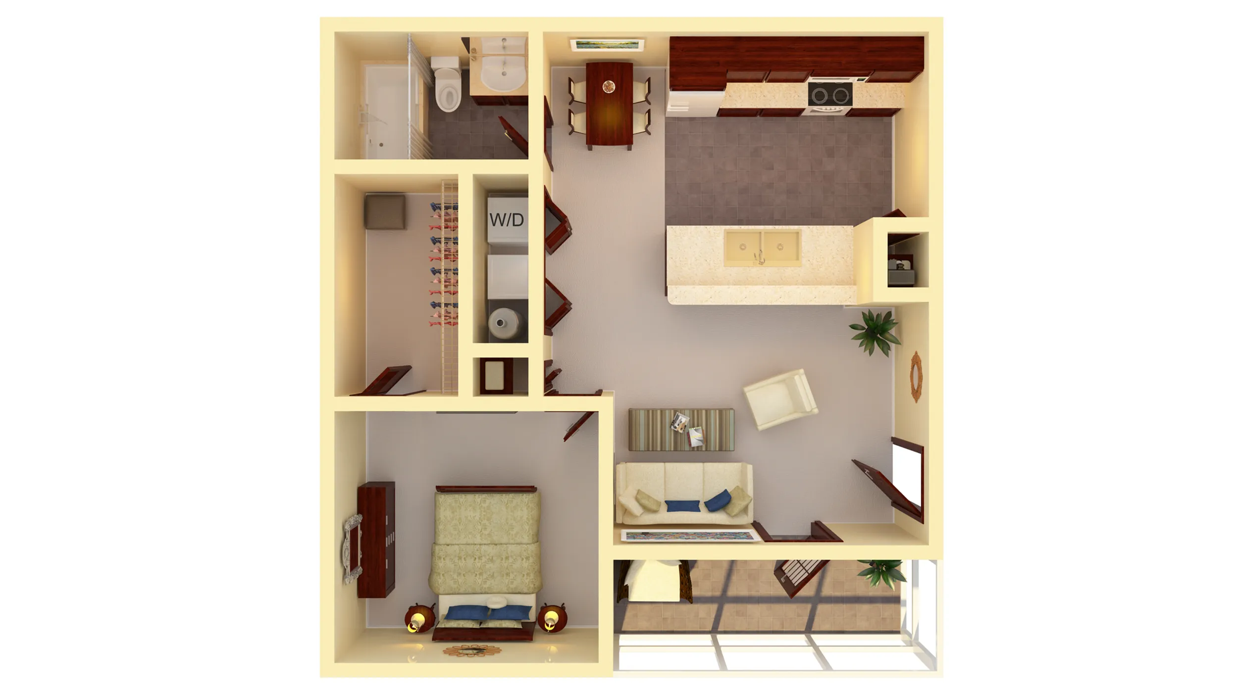 Modern 3D floor plan showcasing a cozy one-bedroom apartment with an open-concept kitchen, inviting living area, and well-appointed bathroom.