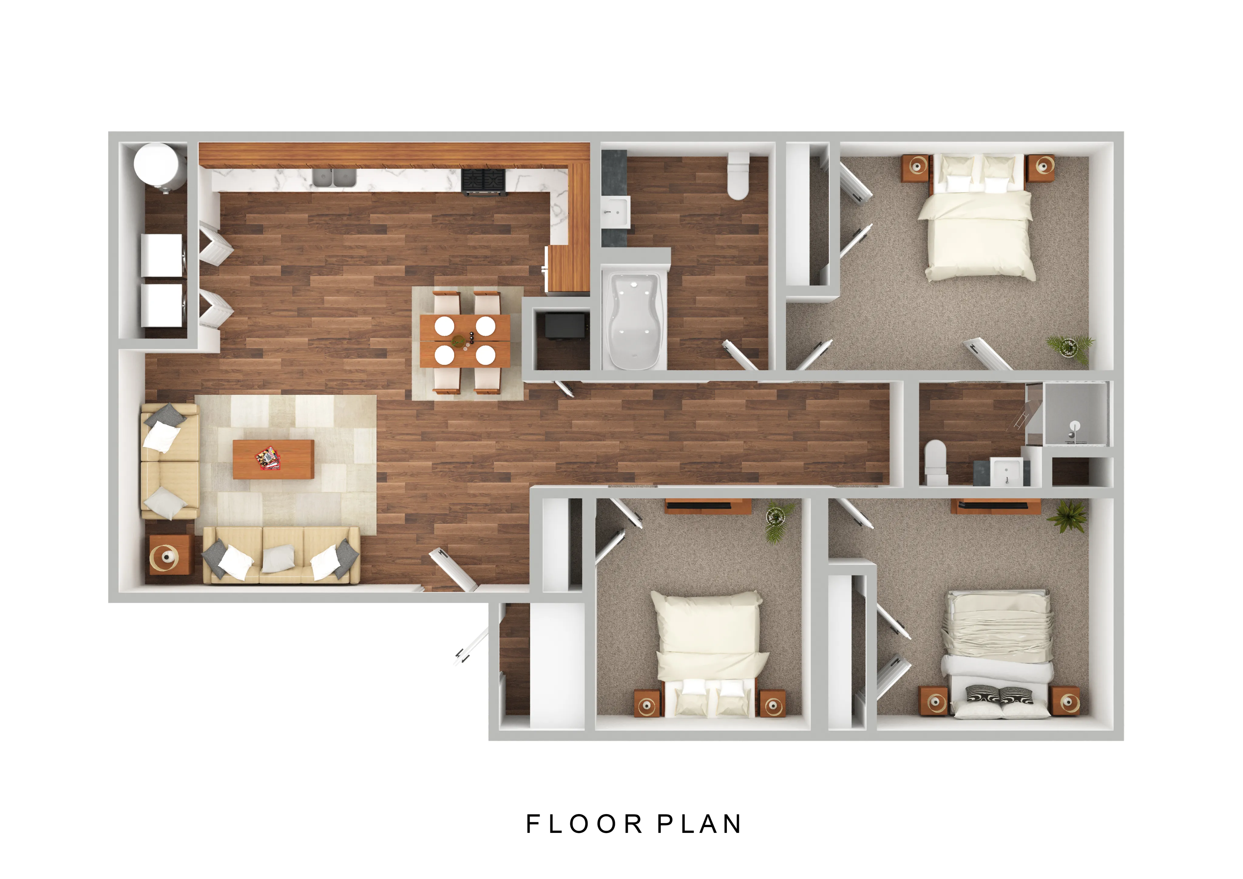 Inviting floor plan showcasing 3 cozy bedrooms, elegant living room, modern kitchen, and dining area with warm wood flooring.