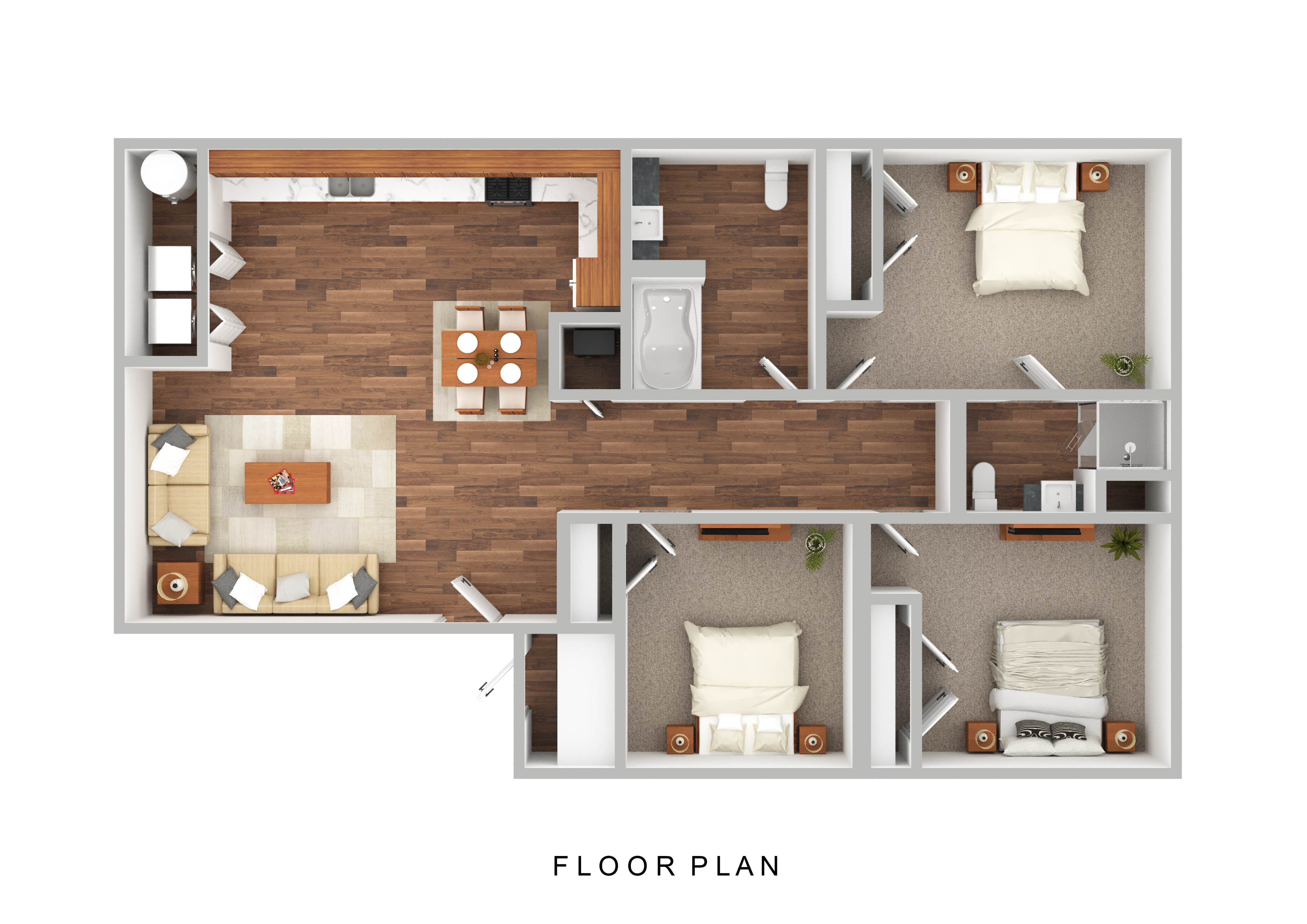 Modern floor plan showcasing a stylish layout with three bedrooms, a cozy open living room, and a sleek kitchen with a dining area.