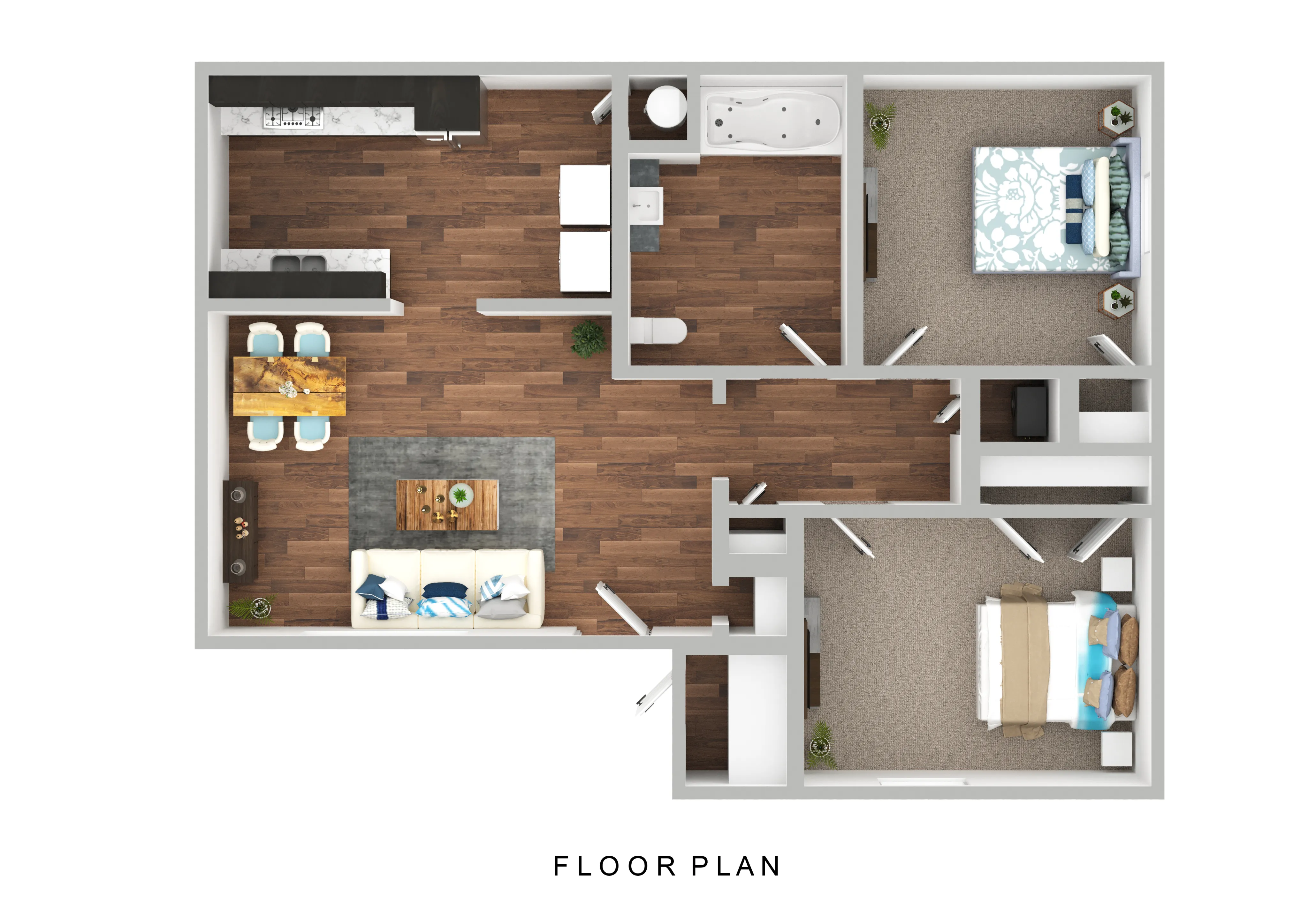Contemporary floor plan showcasing 2 spacious bedrooms, an open kitchen and dining area, and a cozy living room with elegant wood flooring.
