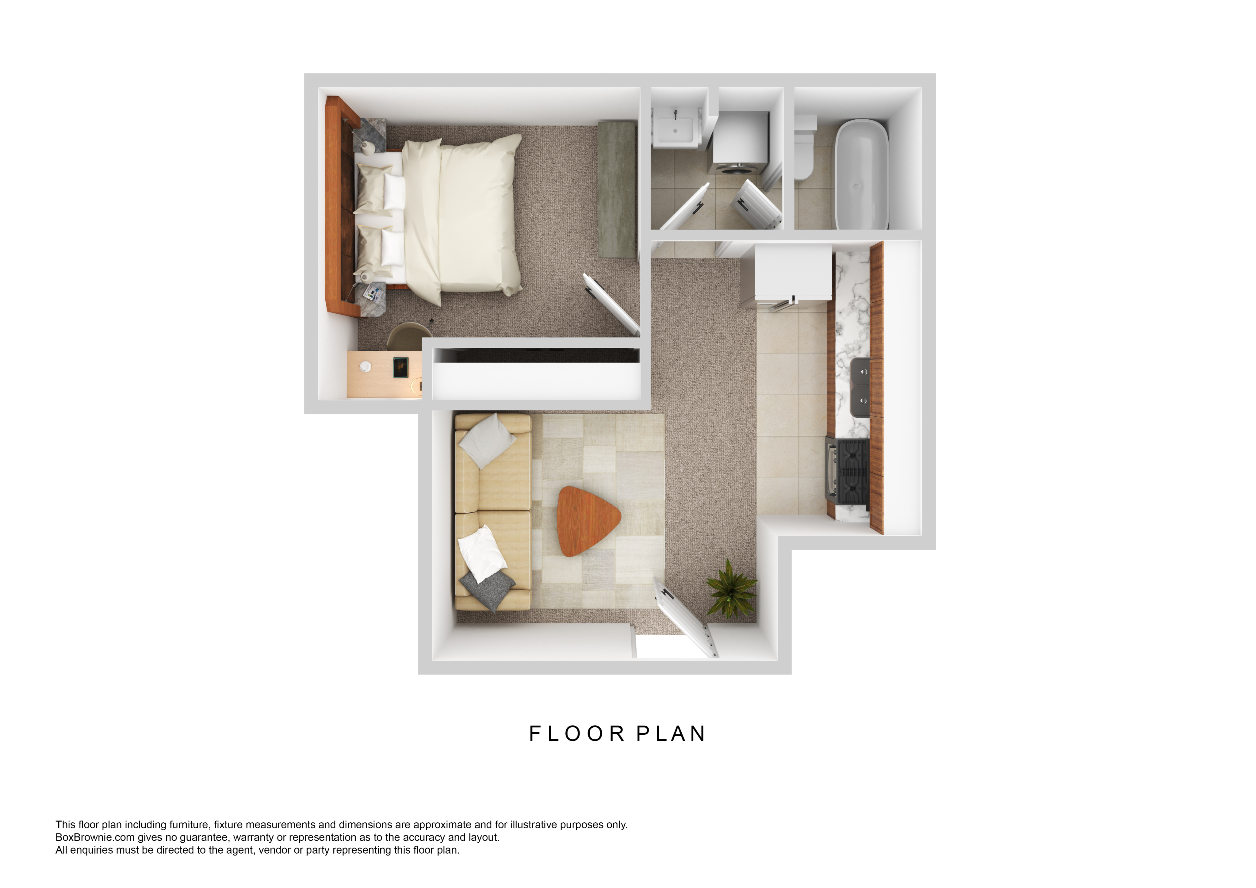 Contemporary floor plan displaying a spacious bedroom, cozy living area, modern kitchen, and elegant bathroom.
