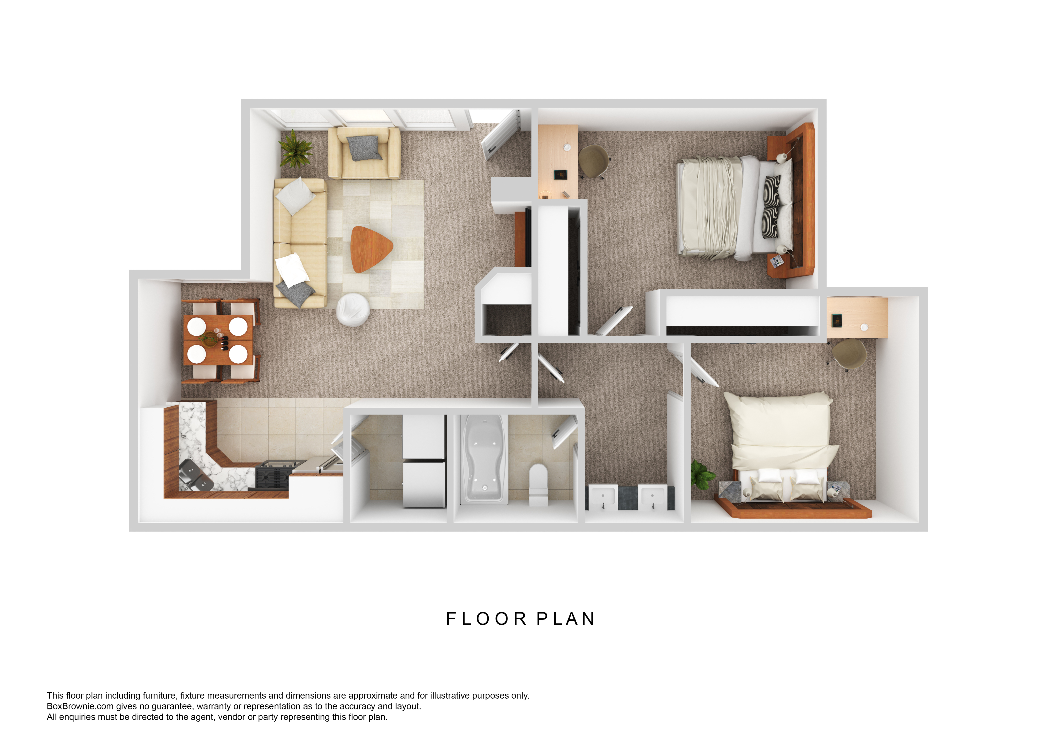 Modern 3D floor plan showcasing a cozy 2-bedroom apartment with an open-concept living and dining area, stylish kitchen, and a sleek bathroom, designed for comfortable living.