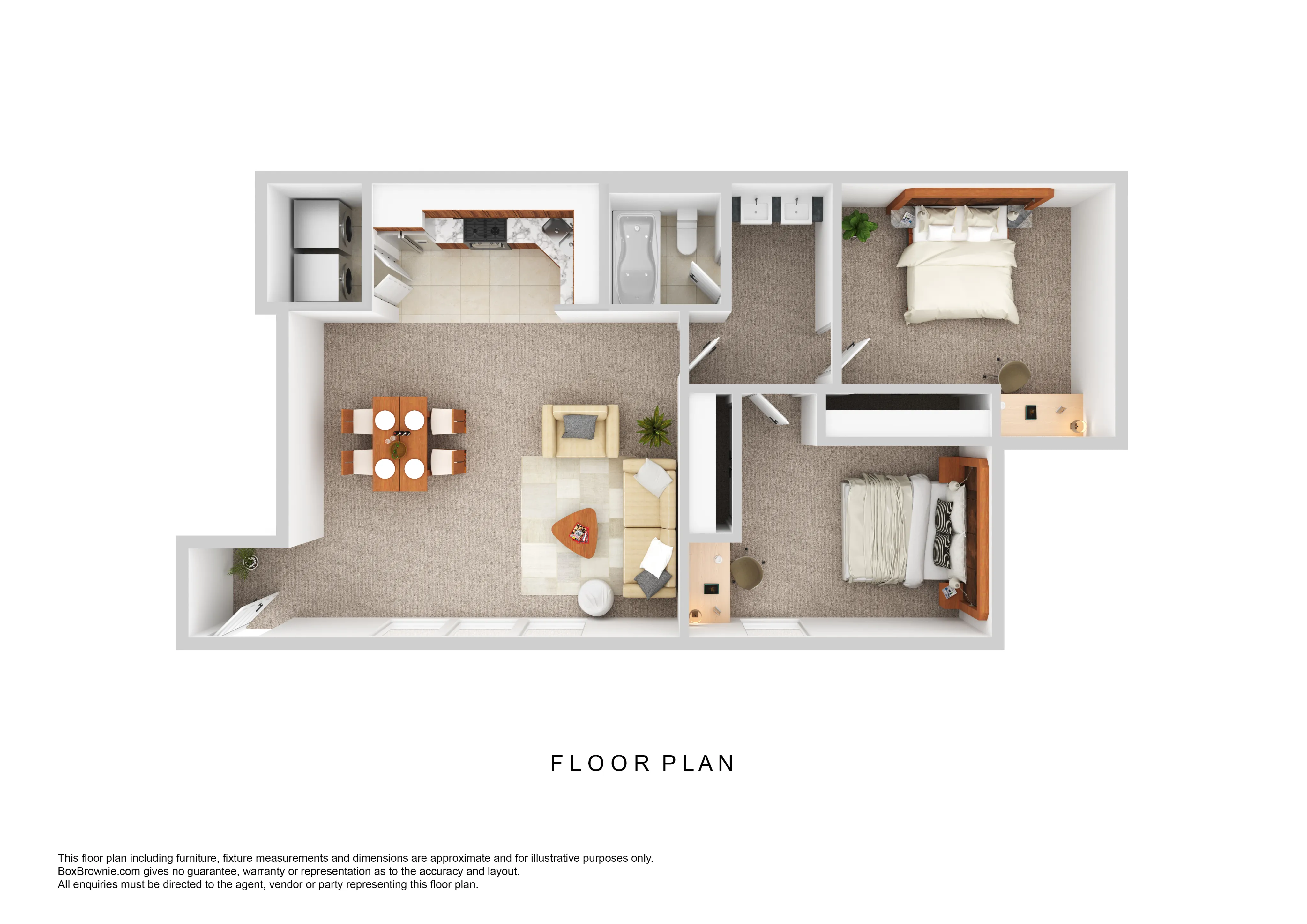 Modern 3D floor plan showcasing a two-bedroom apartment with a cozy living room and stylish kitchen layout.