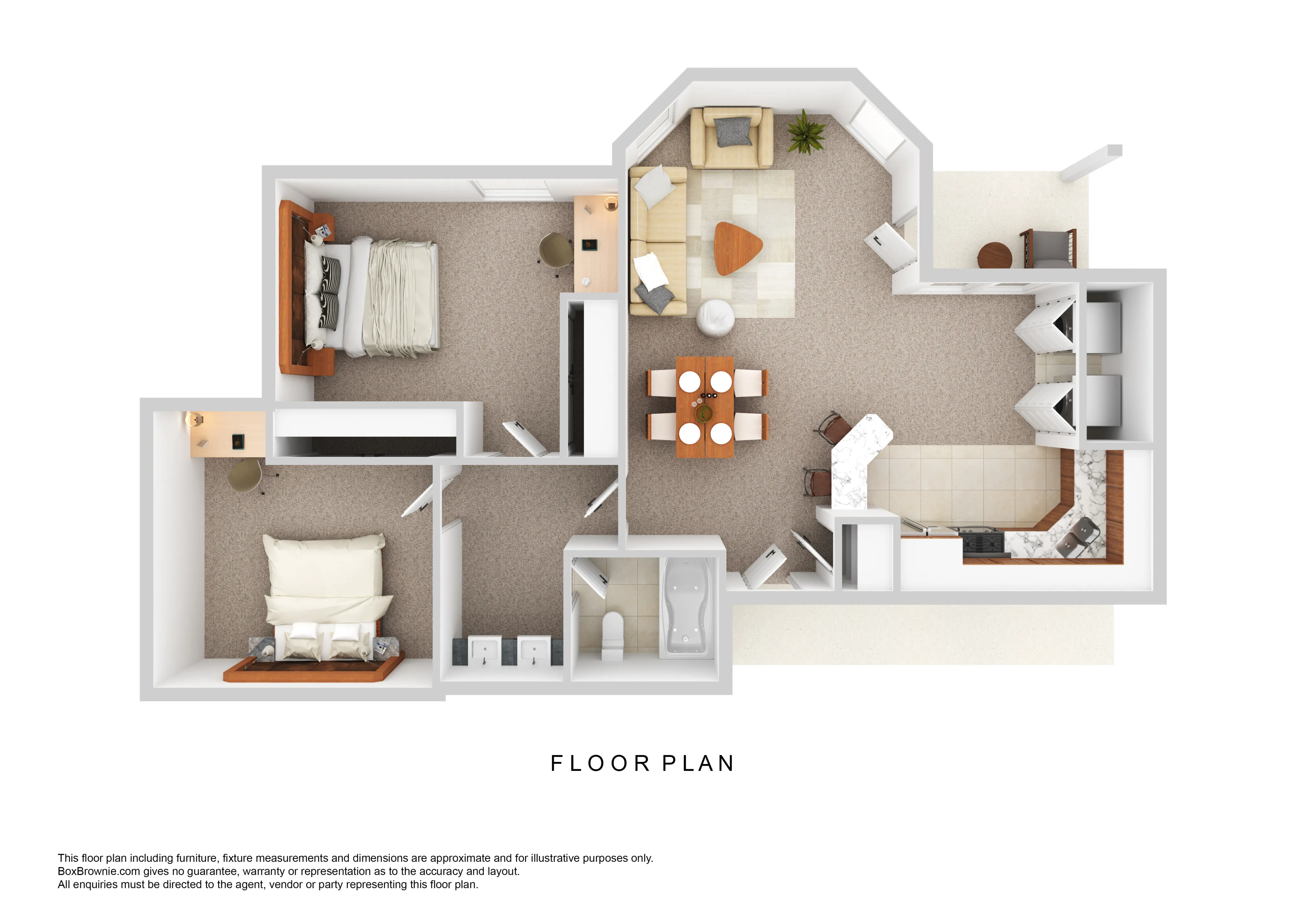 Modern floor plan showcasing 2 cozy bedrooms, an inviting living room with natural light, and a well-equipped kitchen adjacent to a stylish dining area.