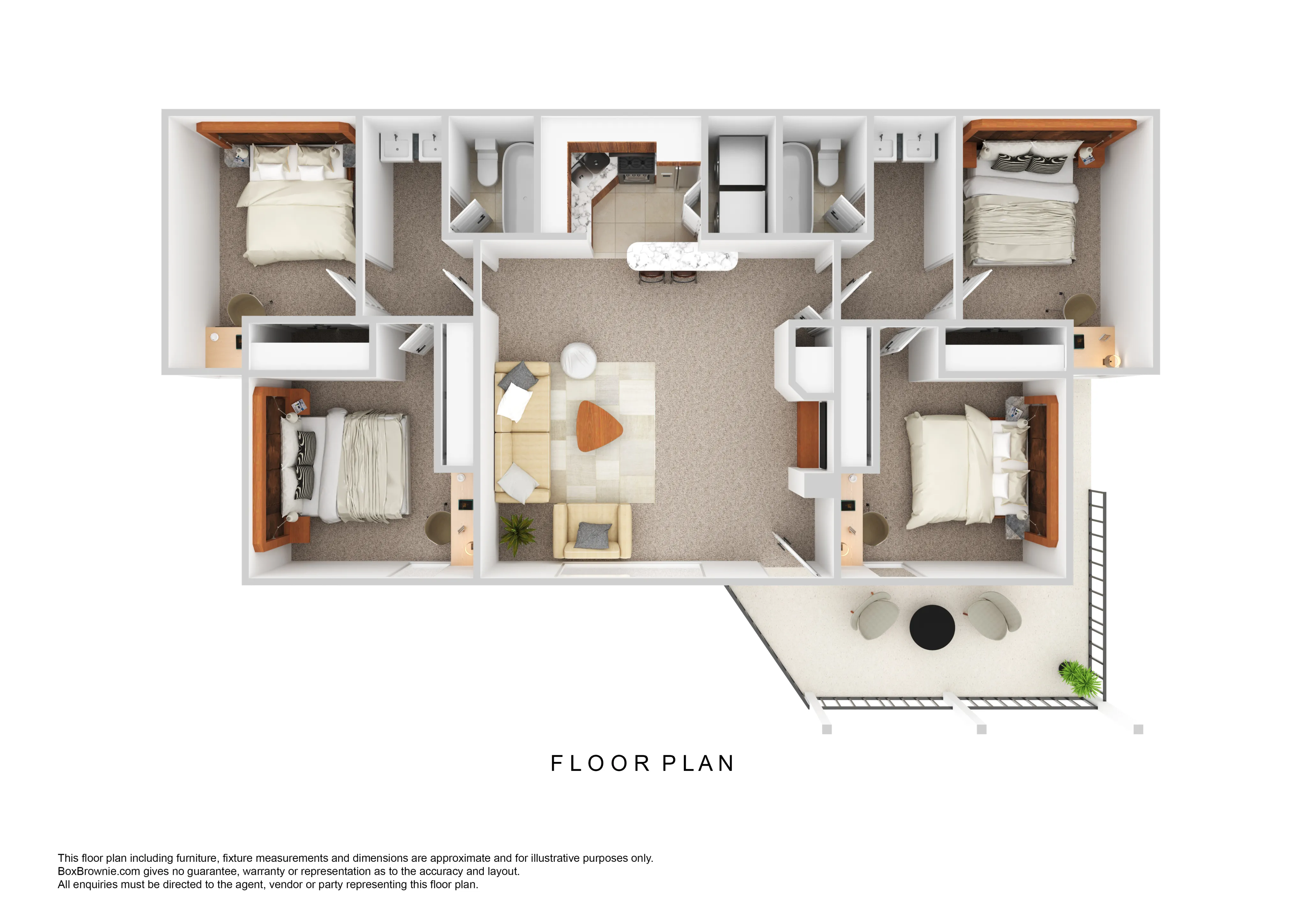 Stylish 3D floor plan showcasing three spacious bedrooms, cozy living area, modern kitchen with island, and a charming balcony.