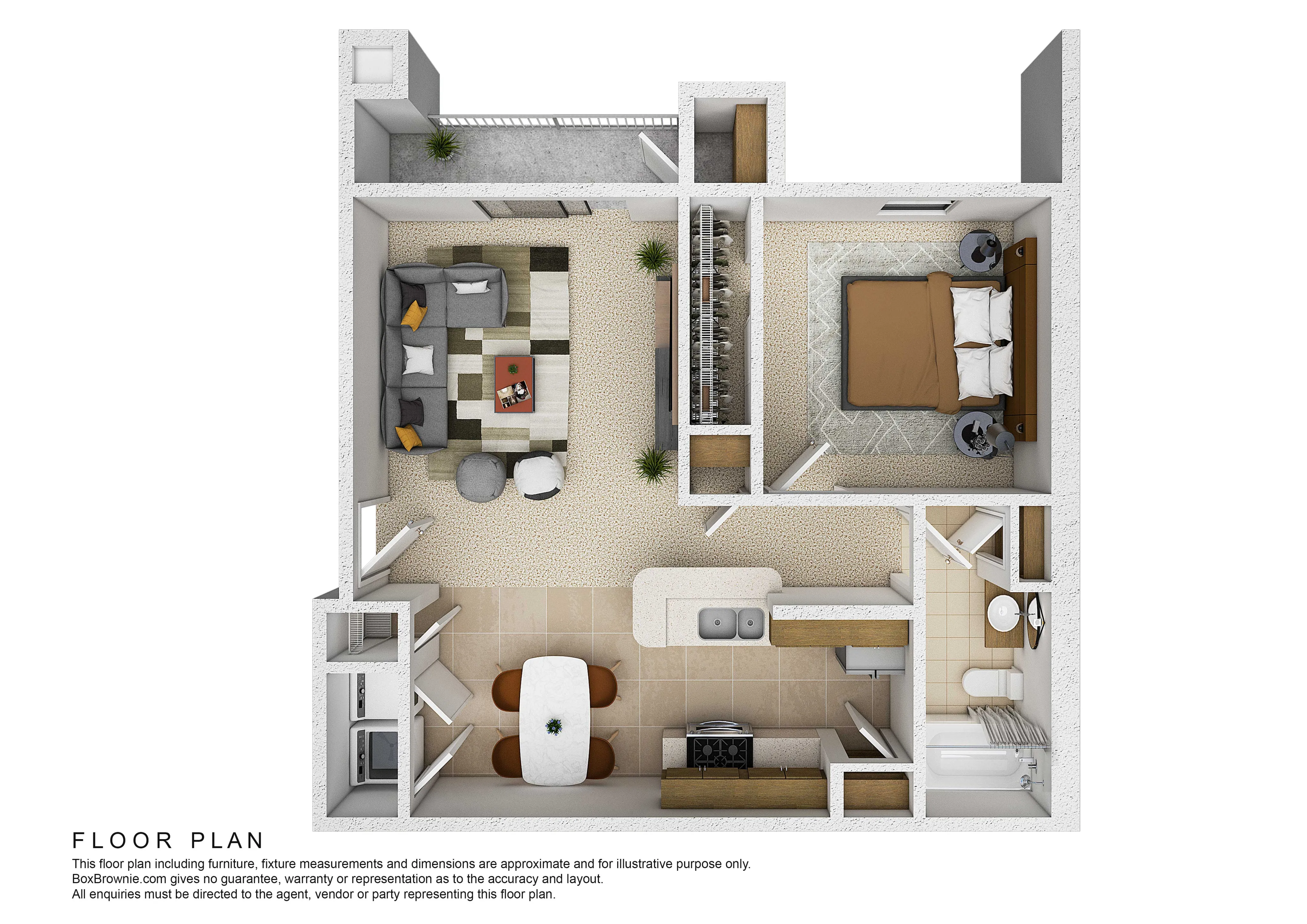 Contemporary open-plan layout featuring a spacious living area, cozy bedroom, functional kitchen, and modern bathroom.
