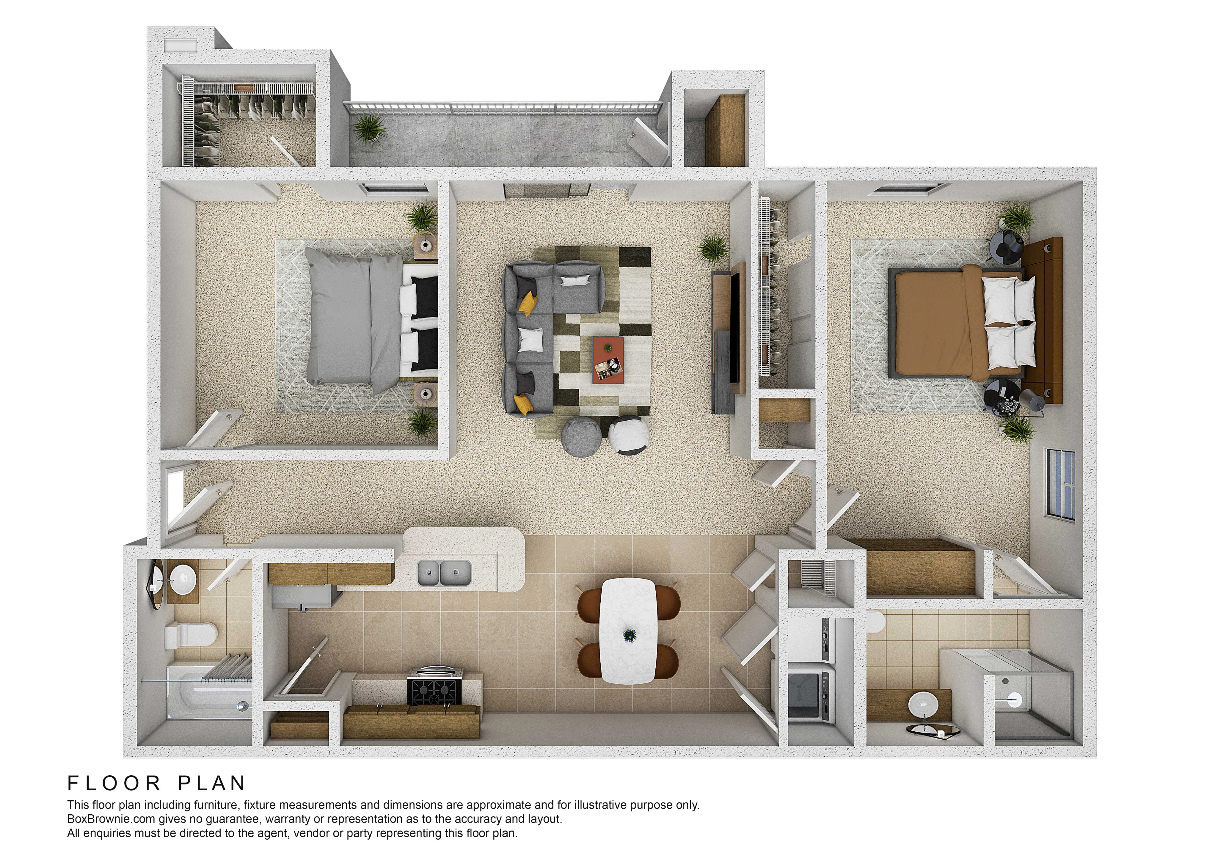 Modern 3D floor plan featuring two spacious bedrooms, a vibrant living area, open kitchen with breakfast bar, and elegant dining space.