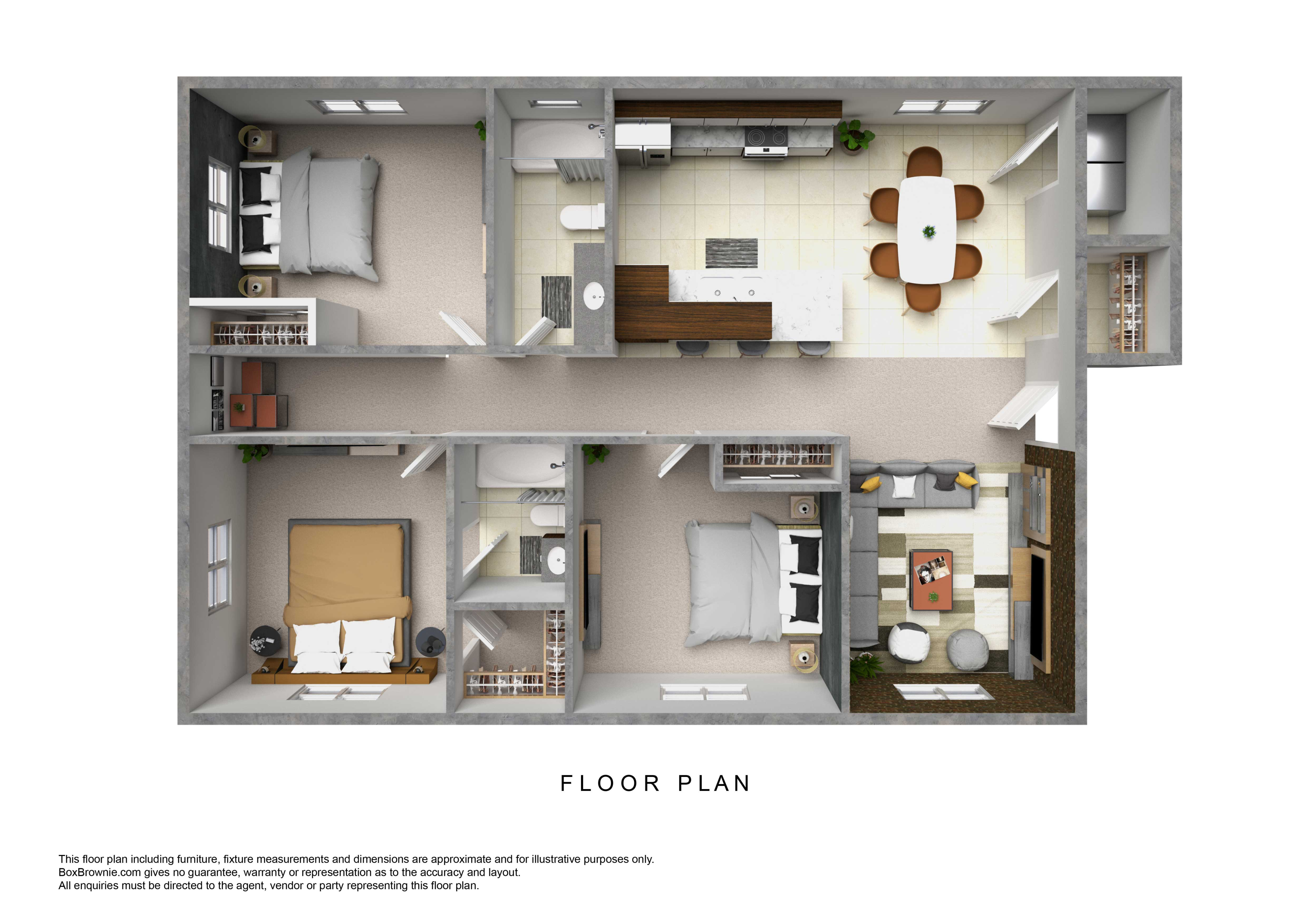 Modern 3D floor plan showcasing 2 bedrooms, a cozy living room, open kitchen with dining area, and 2 bathrooms, designed for comfortable living.