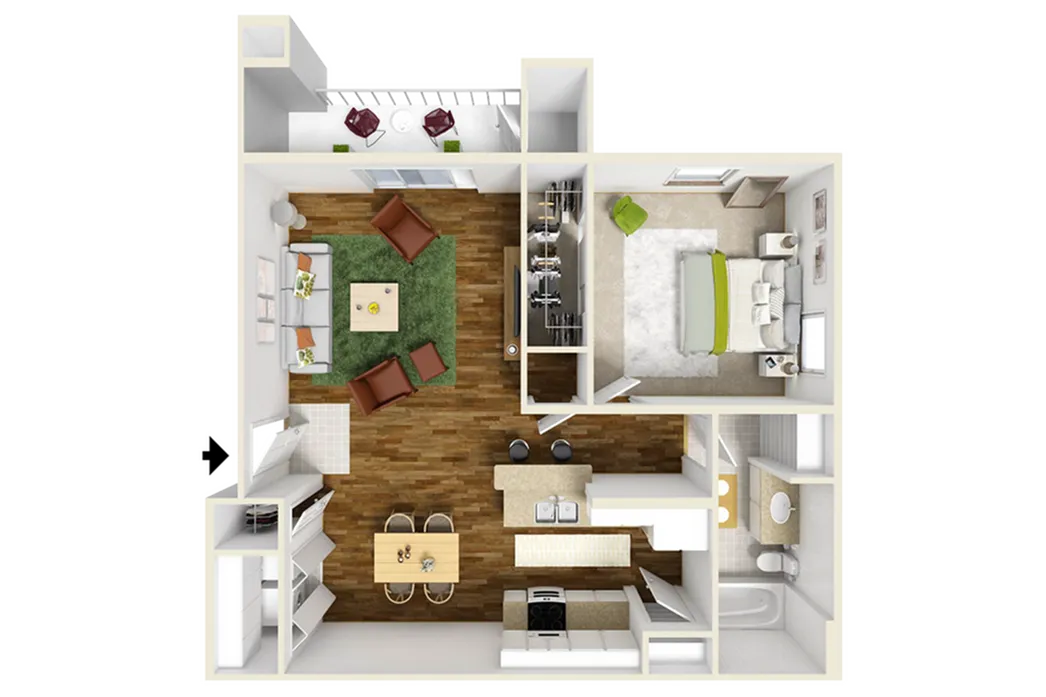 Modern open-concept floor plan with 1 bedroom, spacious living room, sleek kitchen, and cozy dining area.