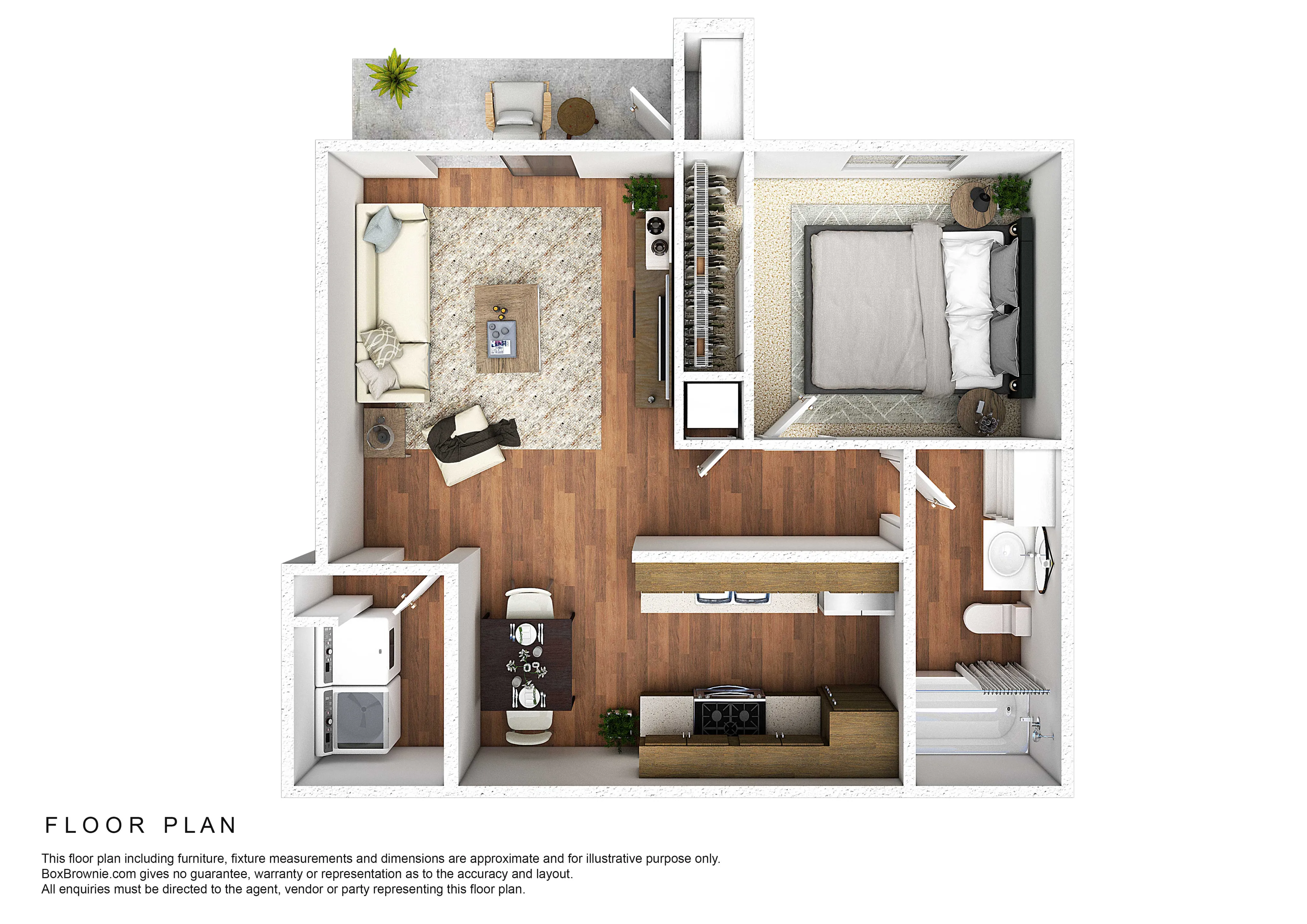 Modern 3D floor plan displaying a cozy one-bedroom apartment with an open-concept living area, stylish kitchen, and chic balcony seating.
