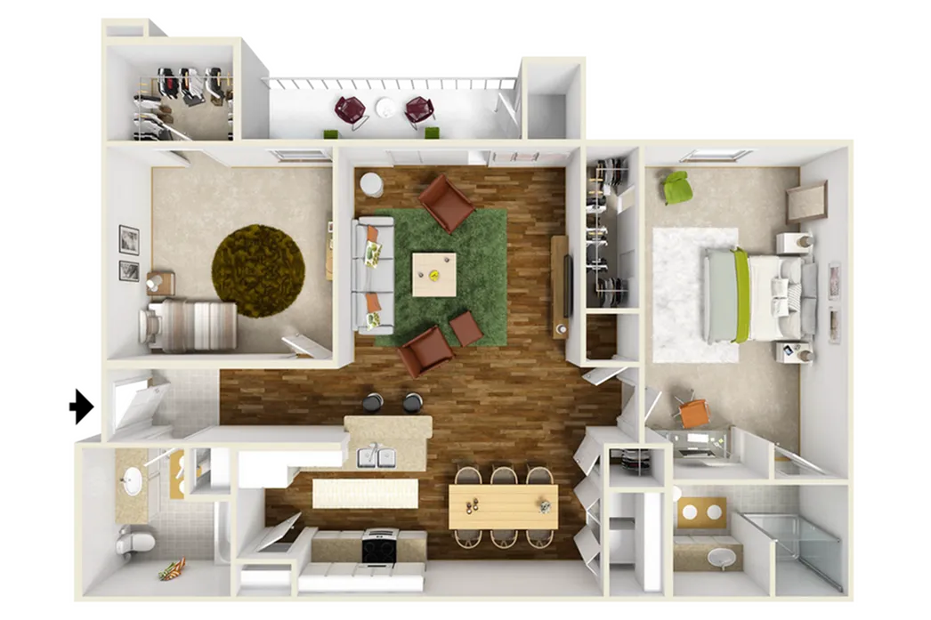 Chic modern 3D floor plan featuring two spacious bedrooms, open living room, stylish kitchen, and cozy balcony.